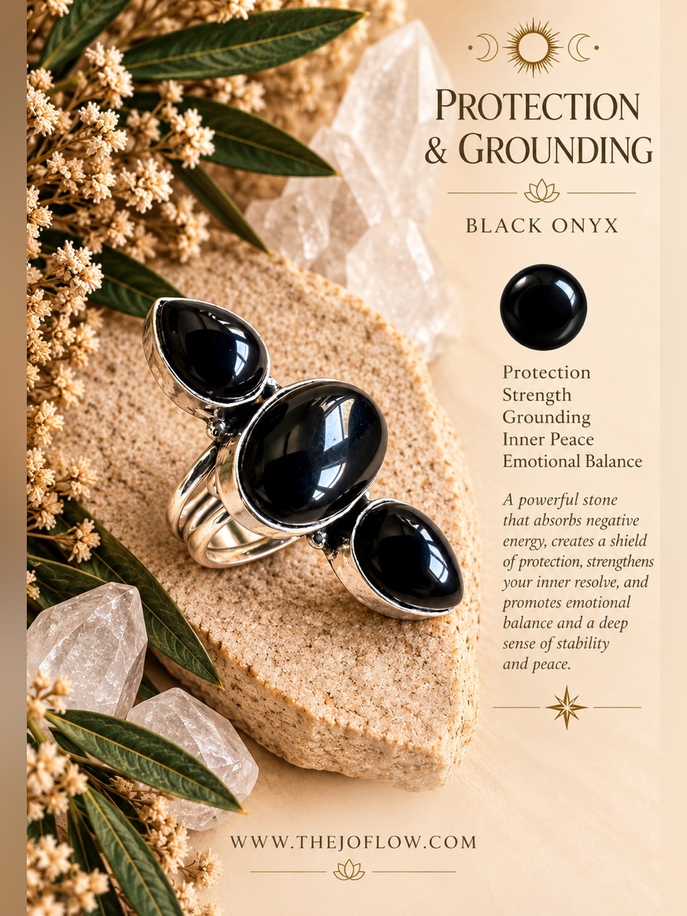 925 Natures Shield Triple ONYX Long Ring 5